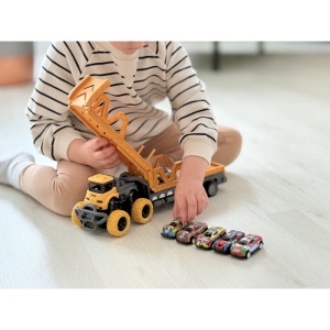 Camion Transportor cu 6 Masini de Cursa, Plastic, Galben