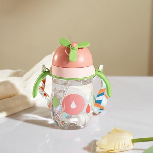 Cana cu Pai pentru Copii, cu Elice si Bareta, Roz, Plastic, 300 ml
