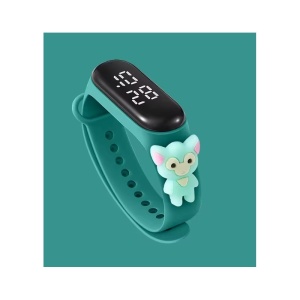 Ceas Pentru Copii, Bratara Silicon Reglabila, Baterie Integrata, Cadran Digital, Verde Inchis, Pisica, Unisex
