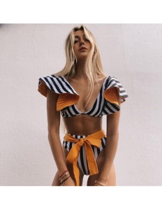 Costum de Baie Doua Piese, Sutien cu Volane, Imprimeu Dungi