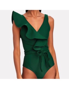 Costum de Baie, Intreg, cu Snur si Volan, Elegant Green