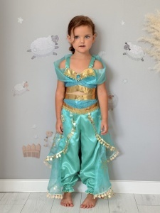 Costum de Carnaval pentru Fetite, din 2 Piese, Dans Oriental, Saten si Voal, cu Brosa, Turquoise