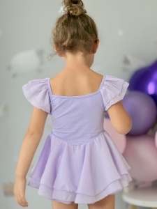 Costum pentru Dans/Gimnastica, Body cu fustita, Maneca Scurta Bufanta, Bumbac si Organza, Mov - Img 3