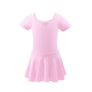 Costum pentru Dans/Gimnastica, Body cu Fustita si Capse, Maneca Scurta, Bumbac, Roz
