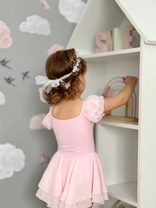 Costum pentru Dans/Gimnastica, Body cu Fustita si Capse, Maneca Scurta Bufanta, Bumbac si Organza, Roz - Img 3