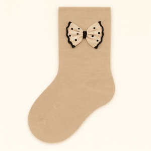 Dres cu Talpa Pentru Copii, Nude, cu Funda Buline, Bumbac Gros - Img 2