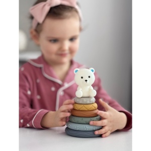 Jucarie pentru Stivuire, Model Piramida Ursulet Pentru Bebelusi, Silicon, 6 Luni+, Multicolor, 7 Piese