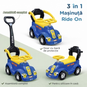 Mașinuță Copii 3 în 1 Ride On, Albastru, cu Mâner Părinte, Bară de Protecție 360°, Volan Interactiv - Img 4