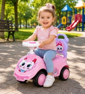 Mașinuță de Împins pentru Copii cu Model Pisica cu Fundiță, Volan și Spătar cu Mâner, 4 Roți, Roz, 12 luni+ - Img 3