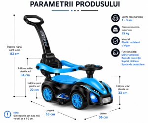 Mașinuță Sport pentru Copii 1-3 Ani cu Depozitare, Lumini și Efecte Muzicale, Albastru - Img 2