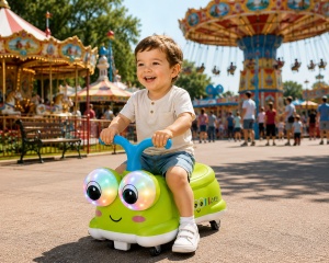 Mașinuță Verde Ride-On pentru Copii, Model Omidă, 2-4 Ani, cu Lumini și Roți Silențioase - Img 4