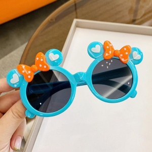 Ochelari de Soare pentru Copii, Marime Universala, Albastru cu Fundite Portocalii, Plastic - Img 2