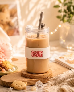Pahar cu Pai, din Sticla, Model Bear Rosu, 350 ml