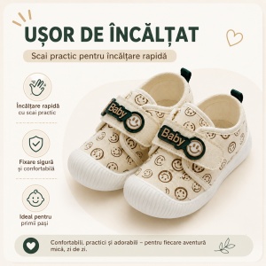 Pantofi Bebeluși pentru Primii Pași, Închidere cu Scai, Branț Moale, Model Smiley Baby, Crem cu Verde - Img 7