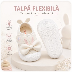 Pantofi Bebeluși pentru Primii Pași, Închidere cu Scai, Branț Moale, Model Fundiță și Urechi de Iepuraș, Roz Pal - Img 5