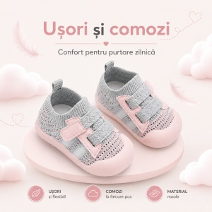 Pantofi Copii pentru Primii Pași, cu Scai, Bandă Elastică, Branț Moale, Talpă Antiderapantă, Gri cu Roz Pal - Img 6