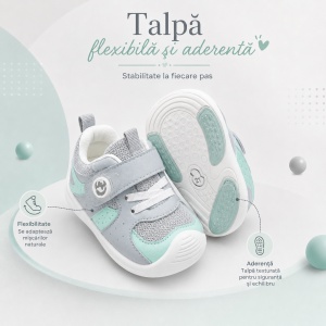 Pantofi Copii Stil Adidași, cu Elastic și Scai, Branț Moale, Talpă din Cauciuc, Gri cu Verde Mentă - Img 3