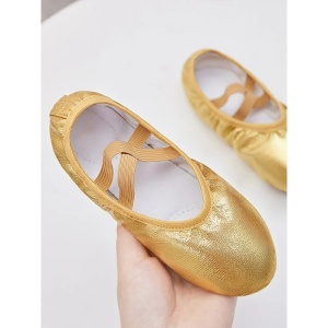 Pantofi pentru Dans/Balet Fetite, cu Elastic, Auriu cu Sclipici, Textil