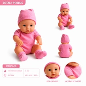 Papusa Mini Bebelus, Fetita, Corp Moale si Mobil, Roz cu Buline, 20 cm - Img 2