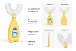 Periuta de dinti pentru Copii, Manuala, Silicon si Plastic, 10 cm, Pinguin Galben, 2 ani+ - Img 2