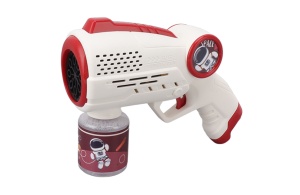 Pistol pentru Baloane de Săpun Model Astronaut Alb-Roșu, cu Lumini LED, Funcționare pe Baterii
