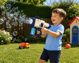 Pistol pentru Baloane de Săpun Model Bubble Rocket Albastru-Alb, cu Lumini LED, Funcționare pe Baterii - Img 2