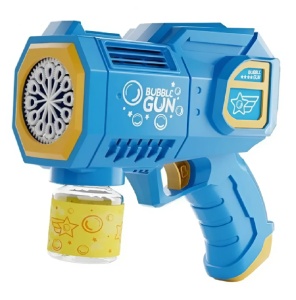 Pistol pentru Baloane de Săpun Model Cosmic Albastru-Galben, cu Lumini LED, Funcționare pe Baterii