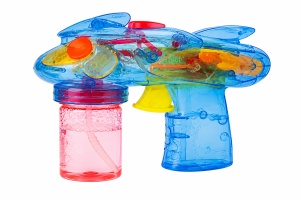 Pistol pentru Baloane de Săpun Model Sky Blaster Albastru Transparent, cu Lumini LED, Funcționare pe Baterii