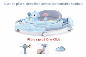 Premergător Bebe Pliabil, 6-18 Luni, Reglabil pe 6 Niveluri, cu Centru de Activități Model Maimuță, Albastru/Gri - Maner Parental - Img 3