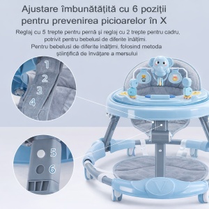 Premergător Copii 6-18 Luni Albastru, Model Elefant, cu Mâner de Împingere, Reglabil pe Înălțime, Centru de Activități Interactiv, Pliabil - Img 4