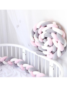 Protectie Laterala Pentru Patut Bebe, Bumper Impletit, Bumbac, Roz, Alb, Verde, 3m - Img 2