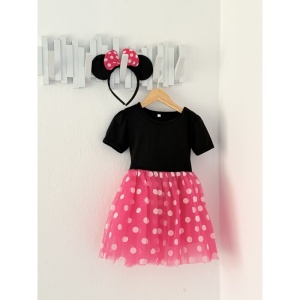 Rochie Fetite Carnaval, Printesa, Tull/Bumbac, Fucsia cu Buline Albe, plus Accesoriu Bentita - Img 2