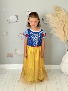 Rochie Fetite Carnaval, Printesa, Tull/Saten, Albastru si Galben, Sclipici Auriu - Img 4