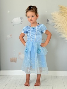 Rochie Fetite Carnaval, Printesa, Tull/Saten, Bleu, Sclipici Argintiu, Accesoriu Brosa, Funda si Flori
