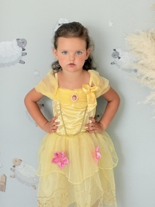 Rochie Fetite Carnaval, Printesa, Tull/Saten, Galben, Sclipici Auriu, Accesoriu Brosa, Funda si Flori - Img 3