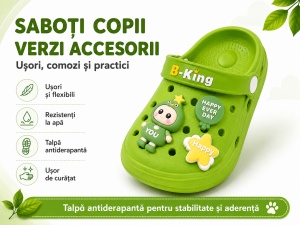 Saboți Copii Tip Crocs cu Personaj 3D, Balon și Stea Decorativa, Baretă Reglabilă, Talpă Antiderapantă, Verde - Img 12