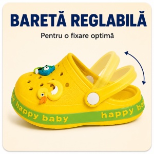 Saboți Copii Tip Crocs din Spumă cu Accesorii 3D Detașabile, Baretă Reglabilă, Talpă Antiderapantă, Galben - Img 3