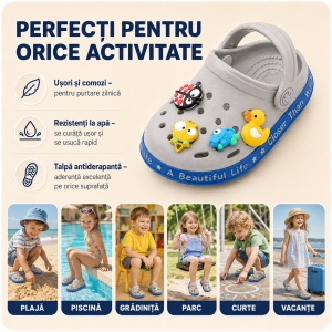 Saboți Copii Tip Crocs din Spumă cu Accesorii 3D Detașabile și Baretă Reglabilă, Gri - Img 8