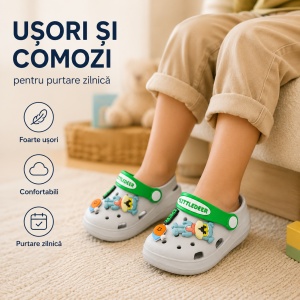 Saboți Copii Tip Crocs din Spumă cu Accesorii Detasabile și Baretă Reglabilă, Gri - Img 7