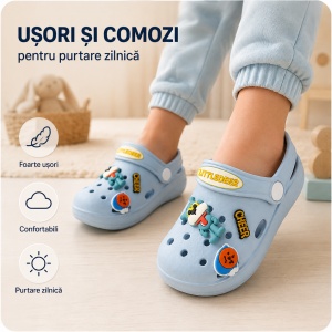 Saboți Copii Tip Crocs din Spumă cu Accesorii Detașabile și Baretă Reglabilă, Bleu - Img 7