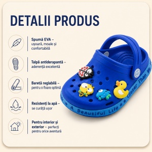 Saboți Copii Tip Crocs din Spumă cu Accesorii Detașabile și Baretă Reglabilă, Albastru Închis - Img 2