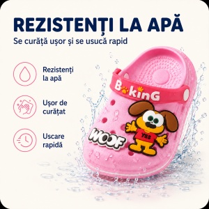 Saboți Copii Tip Crocs din Spumă cu Cățeluș 3D, Baretă Reglabilă, Talpă Antiderapantă, Roz - Img 3