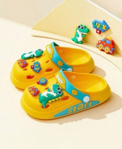 Saboți Copii Tip Crocs din Spumă cu Dino Baby 3D și Accesorii Decorative, Baretă Reglabilă, Talpă Antiderapantă, Galben - Img 9