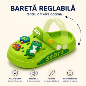 Saboți Copii Tip Crocs din Spumă cu Dino Baby 3D și Accesorii Decorative, Baretă Reglabilă, Talpă Antiderapantă, Verde - Img 3