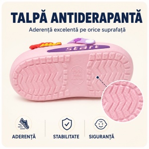 Saboți Copii Tip Crocs din Spumă cu Dino Baby 3D și Accesorii Decorative, Baretă Reglabilă, Talpă Antiderapantă, Roz - Img 6