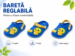 Saboți Copii Tip Crocs din Spumă cu Dinozaur 3D Galben, Baretă Reglabilă, Talpă Antiderapantă, Albastru - Img 5