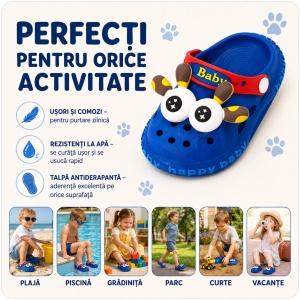 Saboți Copii Tip Crocs din Spumă cu Girafă 3D, Baretă Reglabilă, Talpă Antiderapantă, Albastru - Img 7