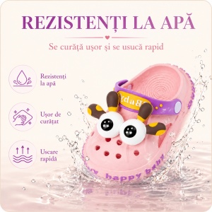 Saboți Copii Tip Crocs din Spumă cu Girafă 3D, Baretă Reglabilă, Talpă Antiderapantă, Roz - Img 5