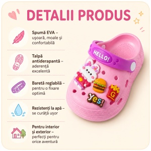 Saboți Copii Tip Crocs din Spumă cu Iepuraș 3D și Accesorii Decorative, Baretă Reglabilă, Talpă Antiderapantă, Roz - Img 2