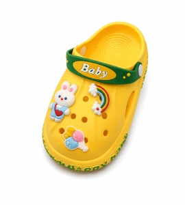 Saboți Copii Tip Crocs din Spumă cu Iepuraș 3D și Curcubeu Decorativ, Baretă Reglabilă, Talpă Antiderapantă, Galben